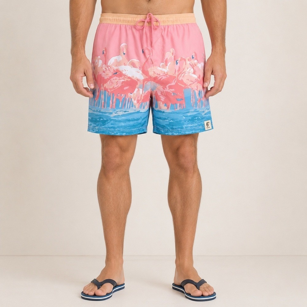 No Boundaries Mens Flamingo Swim Trunks Pink Blue XL 6 Inch Inseam UPF 50+ NWT